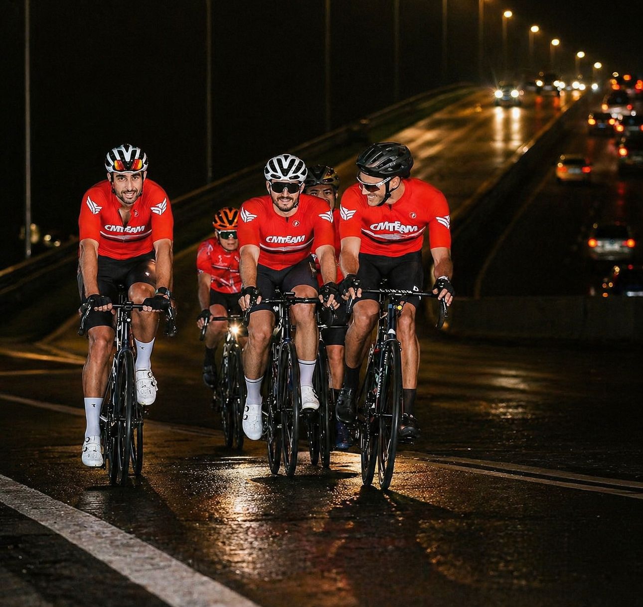 Atletas da CMTeam pedalando à noite em Miami